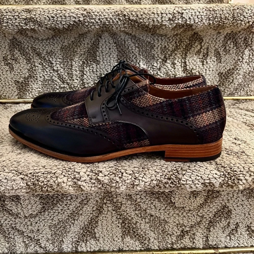 Taft Wallace Lace Up Brogue Wingtip Oxford Shoes Black & Brown Plaid Sz 46 or 13